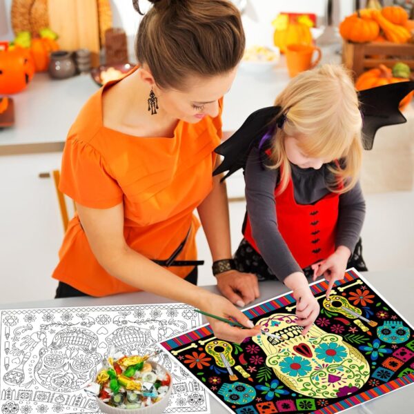 HOWAF 24 PCS Sugar Skull Day of The Dead Coloring Placemats with 24 Paint Pens,Dia De Los Muertos Disposable Table Mat for Classroom DIY Activities Halloween Coloring Paper Placemats - Image 7