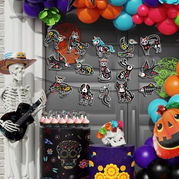 Day of The Dead Party Decoration Set, Sugar Skull Animals Party Banner and 12 Pcs Cupcake Toppers for Day of The Dead Halloween Dia De Los Muertos Party - Image 4