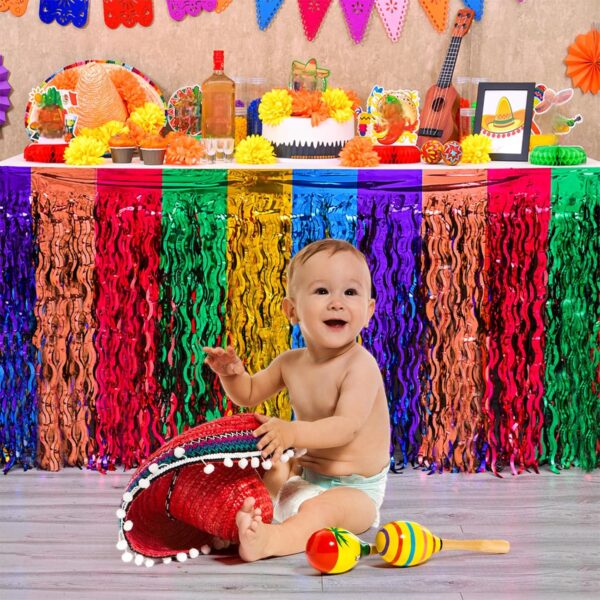 Mega-L Cinco de Mayo Decorations, 2 Pack Fiesta Party Wavy Metallic Tinsel Foil Fringe Table Skirts, Perfect Mexican Themed Decors for Mexican Taco Dia De Los Muertos Birthday Party Table Bar Decor - Image 3