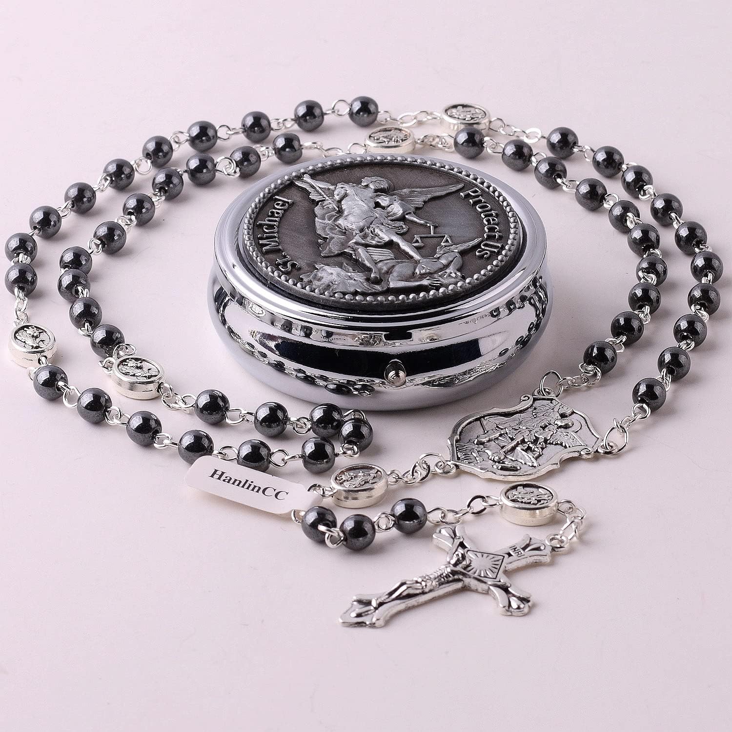 HanlinCC Saint Michael the Archangel Hematite Black Stone Beads Rosary Necklace with Metal Gift Box for Men - Image 3