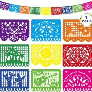 18 FT Cinco De Mayo Party Decorations, 1 Pack Fiesta Banner with 9 Plastic Papel Picado, Colorful Mexican Theme Party Flag Banner Dia De Los Muertos Day of the Dead Hanging Decor Home Party Supplies