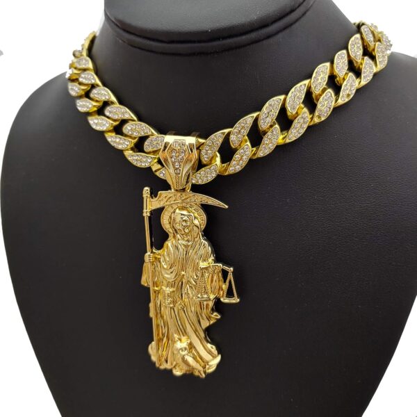 Hip Hop Gold PT Saint Death Santa Muerte Pendant & 16" 18" 20" Iced Cuban Choker Chain Necklace - Image 3