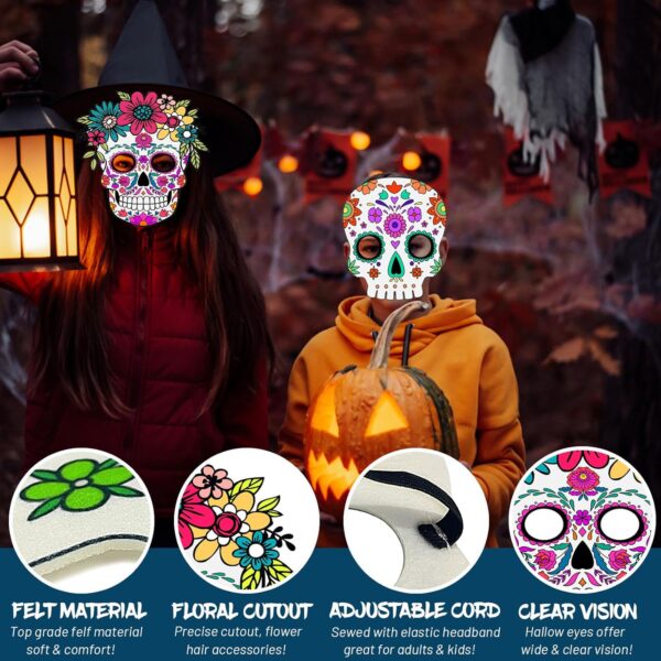 Day of the Dead Felt Masks for Adults, 9 Pack Dia de Los Muertos Skull Masks Floral Sugar Skull Masks, Adjustable Halloween Masks Dia De Los Muertos Decorations for Halloween Cosplay - Image 4