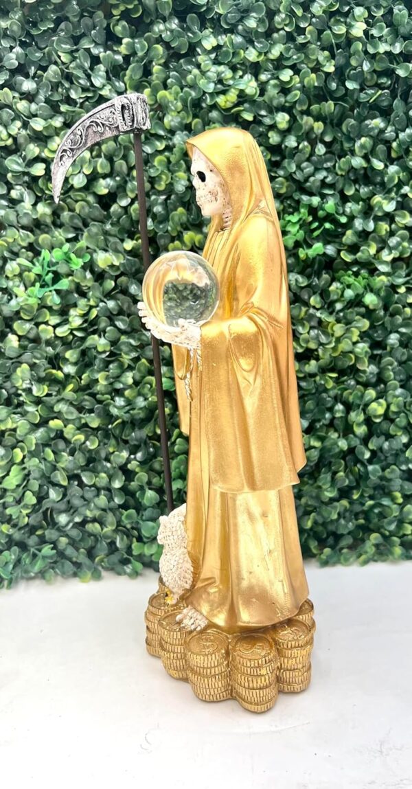 Santa Muerte Holding Scythe in Gold Robe Statue 13"" Inch Skull,Skeleton, 78340 - Image 3
