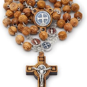 Mondo Cattolico Rosary Beads Blessed During Pope's Angelus, Olive Wood Rosary with Enamel Centerpiece Medal of St. Benedict - Perfect Catholic gifts