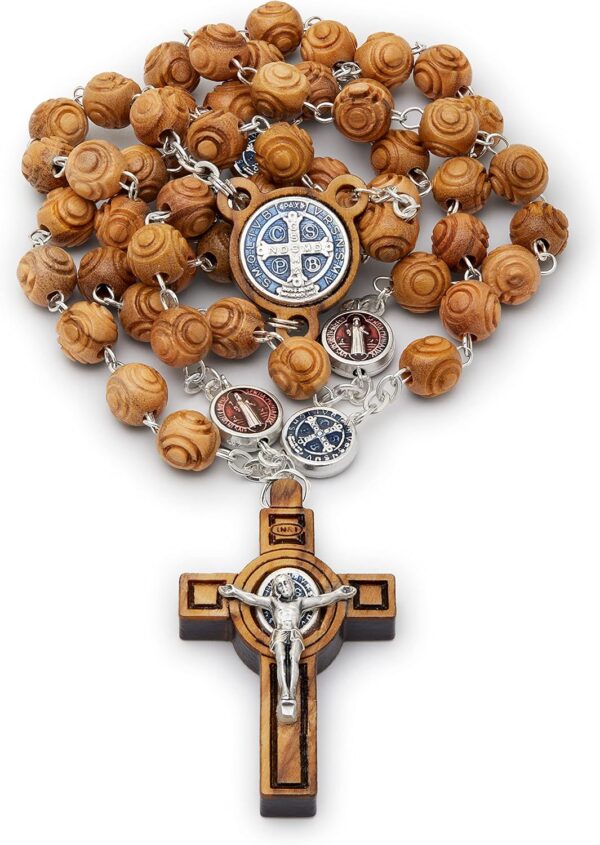 Mondo Cattolico Rosary Beads Blessed During Pope's Angelus, Olive Wood Rosary with Enamel Centerpiece Medal of St. Benedict - Perfect Catholic gifts