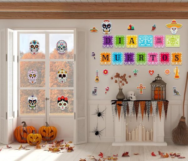 JUESMOS Day of The Dead Decorations Sugar Skull Cutouts Halloween Decor Dia De Los Muertos Colorful Skull Cutouts for Kids Students Classroom Bulletin Board Wall Decor Mexican Fiesta Party Supplies - Image 4