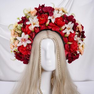 Frida Kahlo Mexican Flower Crown - Day of The Dead Headband Red Rose Mexican Headpiece for Women Dia De Los Muertos Costume Halloween Party