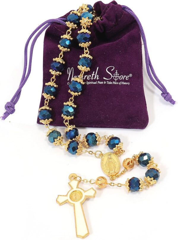 Nazareth Store St. Benedict Deep Blue Crystal Beads Rosary Prayer Necklace Golden Miraculous Medal & Gold Enamel Cross - Image 4