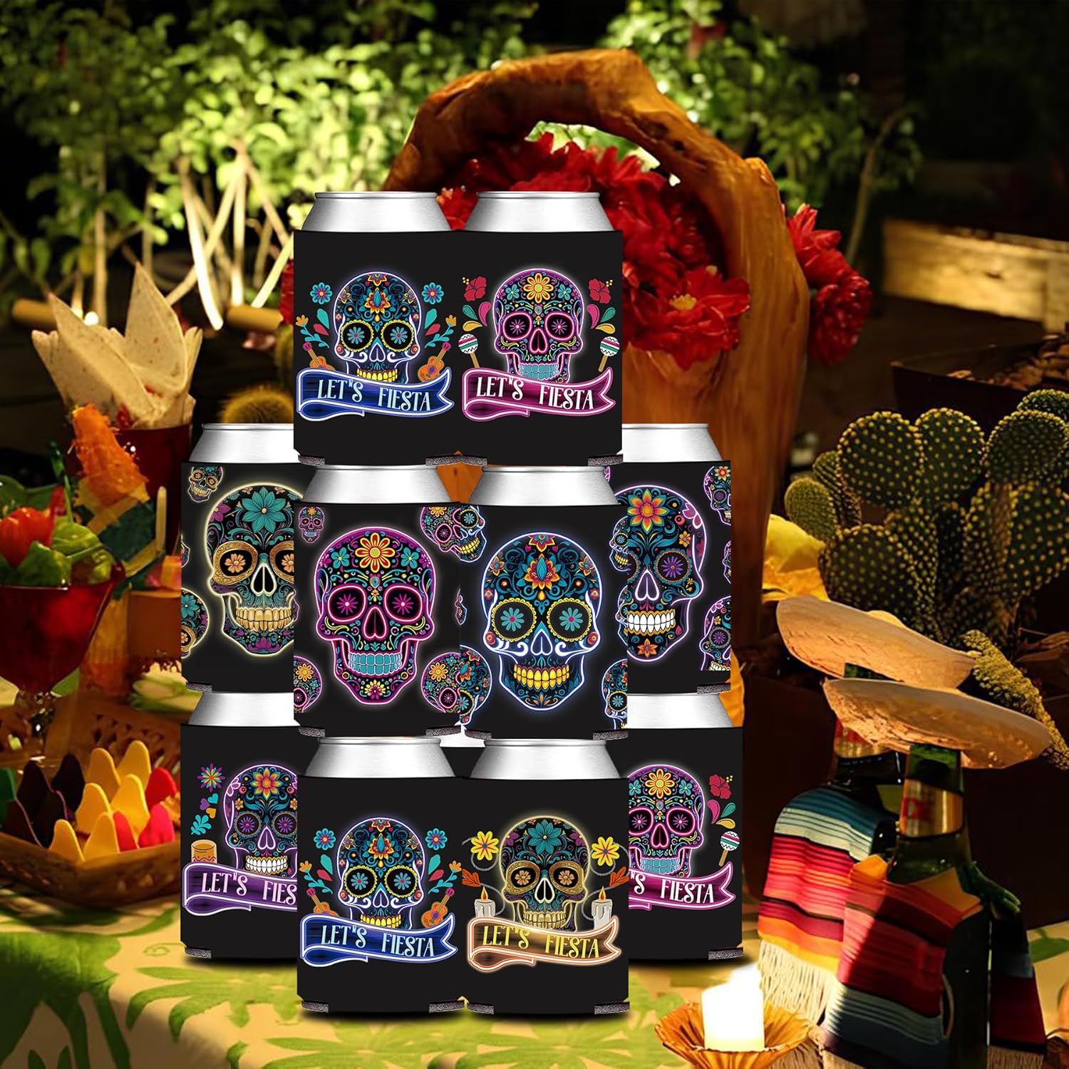 Black Mexican Fiesta Skull Face Can Sleeve Holder 12PCS, Dia De Muertos Death of the Day Beverage Drink Bottle Cooler Cover, Cinco de Mayo Birthday Bridal Shower Bachelorette Gift Decorations - Image 4
