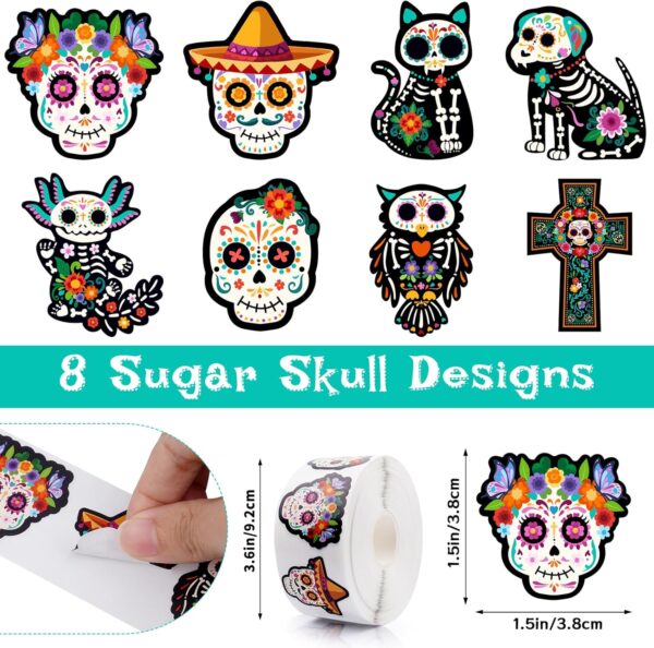 Sugar Skull Stickers Roll, 1000Pcs Day of The Dead Stickers Kids Dia De Los Muertos Decorations, Decor for Water Bottle Scrapbook Gift Boxes Kids Party Supplies - Image 2