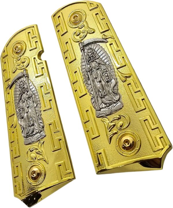 1911 Full-Size Metal Grips with Ambi Safety Cut - Santa Muerte Gold and Silver Design, Intricate Patterns, Fits 1911 Government/Commander Models - Image 6