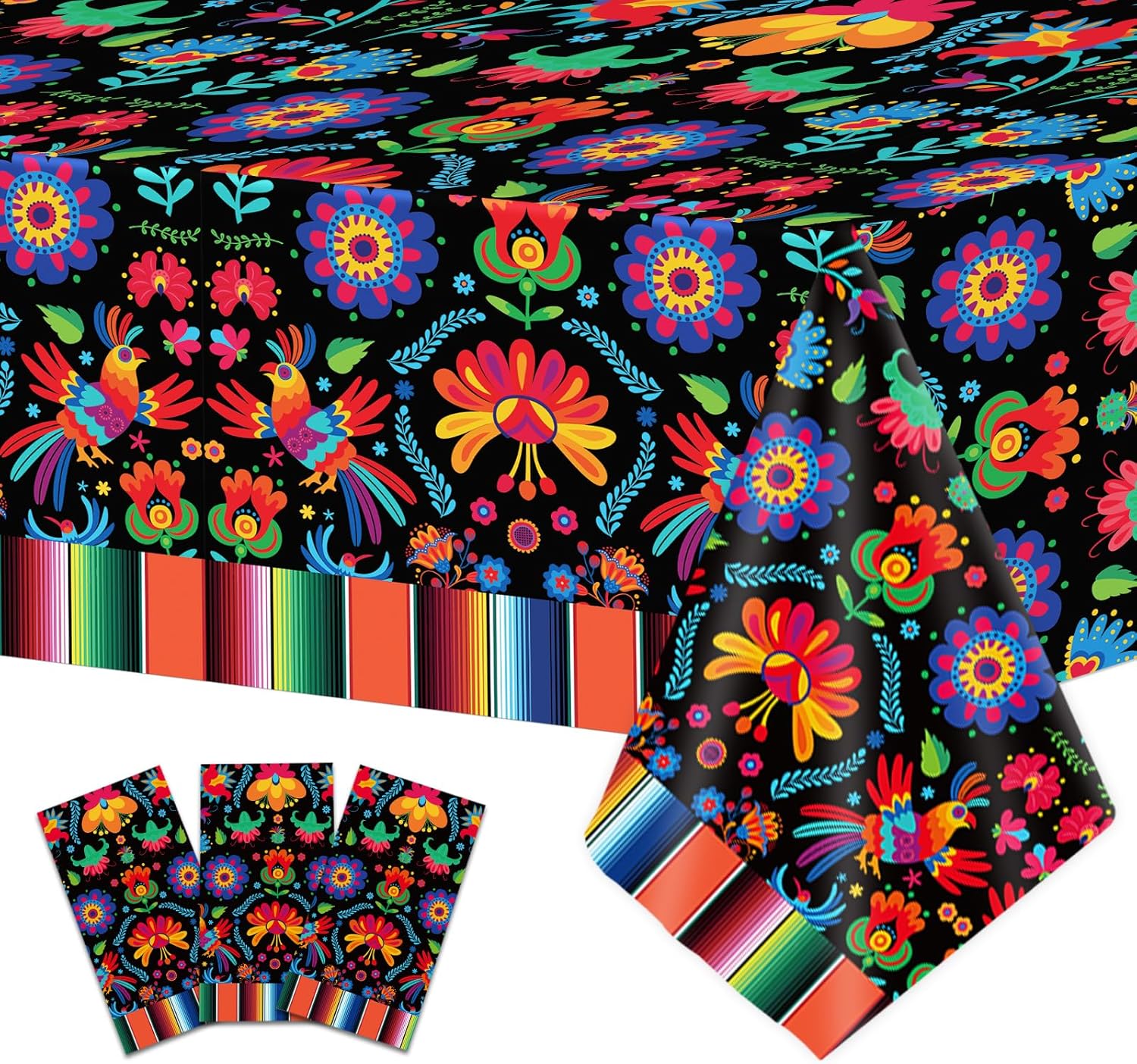 3 Pcs Mexican Fiesta Tablecloth Decorations, 108" x 54" Plastic Cinco De Mayo Table Cloth Dia De Los Muertos Table Cover Day of The Dead Decor for Taco Night Festive Mexico Colorful Ponchos Supplies