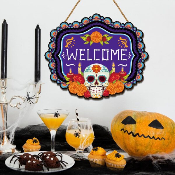 Day of The Dead Decorations Dia De Los Muertos Wooden Door Sign Mexican Sugar Skull Marigolds Floral Decor Day of The Dead Decorations for Home Party - Image 3