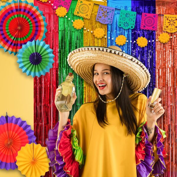 Mega-L Cinco de Mayo Decorations, 2 Pack Fiesta Foil Fringe Curtains Backdrop, 3.3x6.6ft Mexican Themed Tinsel Streamers, Perfect for Spain Taco Party Photo Booth Props, Dia De Los Muertos Decor - Image 4