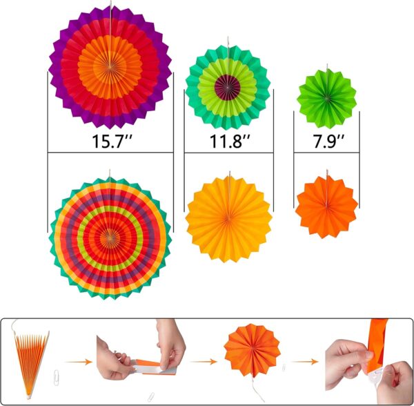 35PCS Fiesta Paper Fan Party Decorations Set - Cinco De Mayo Pom Poms,Pennant,Garland String,Banner,Hanging Swirls Decor Supplies（Multicolored) - Image 3