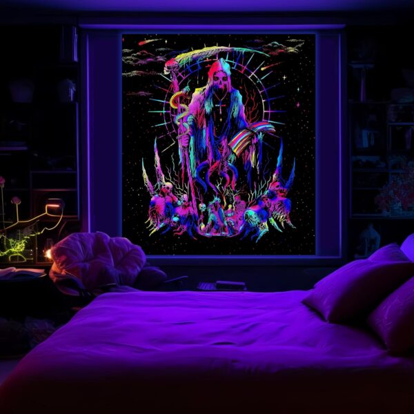 Avinyl Blacklight Skull Tapestry for Bedroom, Black Light Grim Reaper Skeleton Tapestries for Men, UV Reactive Cool Gothic Poster Wall Hanging for Girls Living Room Dorm Decor (51in x 60in) - Image 8
