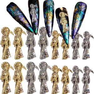 Santa Muerte Nail Charms,16PCS Gold Sliver Alloy Nail Rhinestones Decoration for Acrylic Nails, Grim Reaper Nail Gems Diamonds Accessories for Nail Art Supplies Manicure Craft DIY BBATT-HAPPY