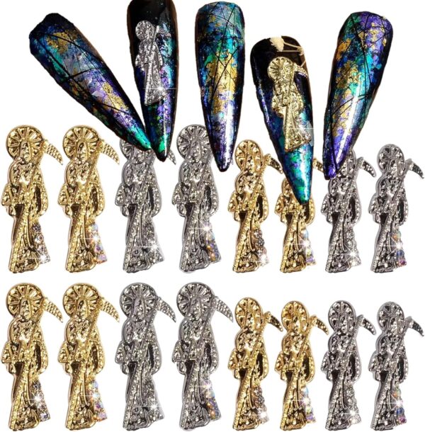 Santa Muerte Nail Charms,16PCS Gold Sliver Alloy Nail Rhinestones Decoration for Acrylic Nails, Grim Reaper Nail Gems Diamonds Accessories for Nail Art Supplies Manicure Craft DIY BBATT-HAPPY