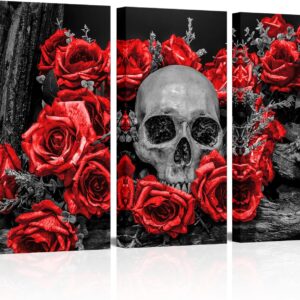 OuElegent 3 Piece Human Skull Canvas Wall Art Sugar Skull with Red Rose Flower Painting Pictures Gothic Halloween Prints Artwork for Living Room Bedroom Wall Decor Ready to Hang