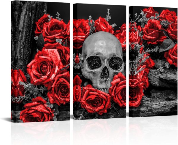 OuElegent 3 Piece Human Skull Canvas Wall Art Sugar Skull with Red Rose Flower Painting Pictures Gothic Halloween Prints Artwork for Living Room Bedroom Wall Decor Ready to Hang