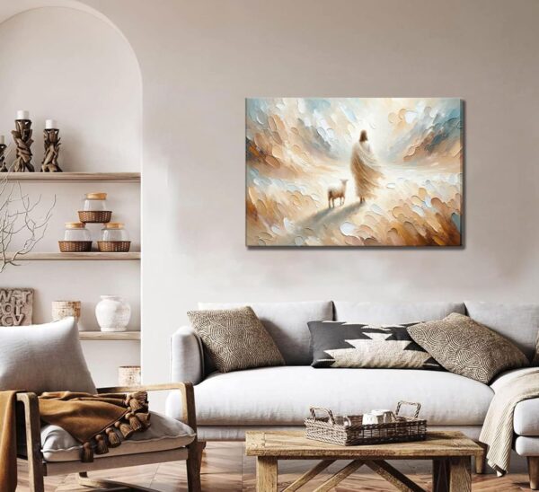 Jesus leaves the 99 sheep Canvas Wall Art Christian Jesus God Savior Wall Decor Picture Jesus and Lamb Lost Sheep Poster Print Painting for Living Room Bedroom Church Decoration Ready to Hang - Image 2