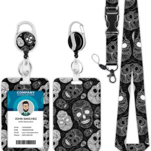 Black Sugar Skull Lanyard with Badge Holder, The Day of The Dead Skull Badge Reel Retractable Badge Holder with Lanyard for Teacher, Women, Kids
