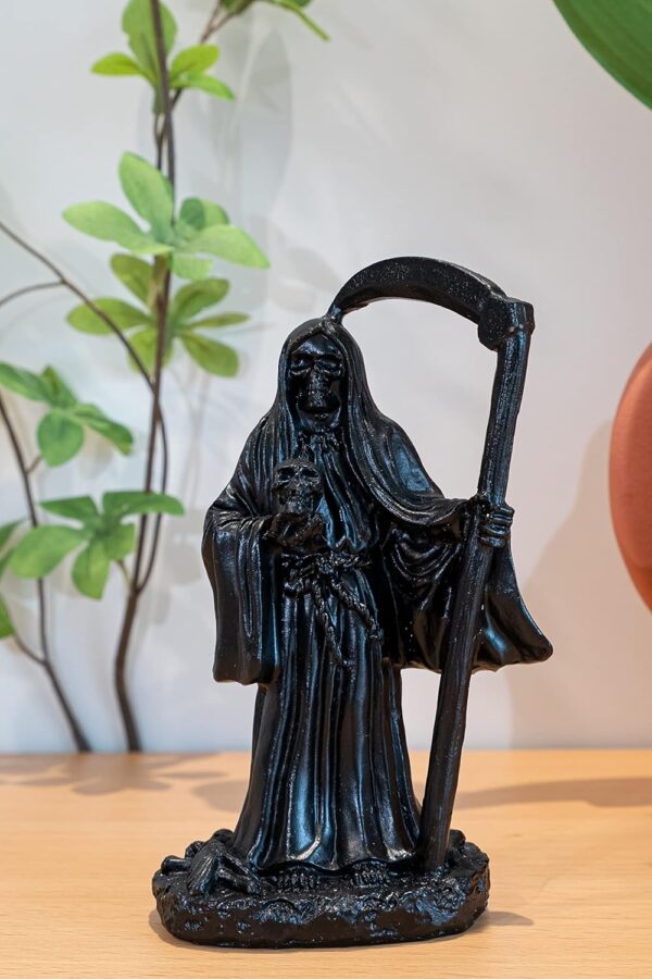 EASCHEER 5.3" Holy Death Santa Muerte Holding Scythe in Black Tunic Robe Statue, Grim Reaper Statue，Altar Sculpture, Standing Religious Decorative Figurine - Image 3