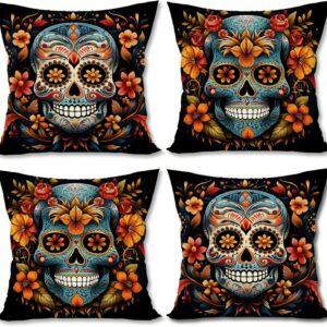 Rvsticty Linen Day of The Dead Pillow Covers 18x18 Set of 4 Sugar Skull Marigold Dia De Los Muertos Mexican Fiesta Party Decorations and Supplies for Home Sofa Couch