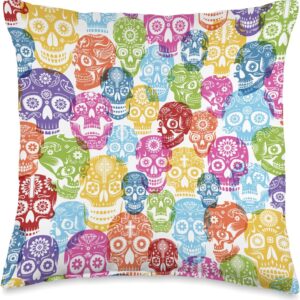 Dia de los Muertos Art Colorful Pattern Cute Sugar Skulls Throw Pillow