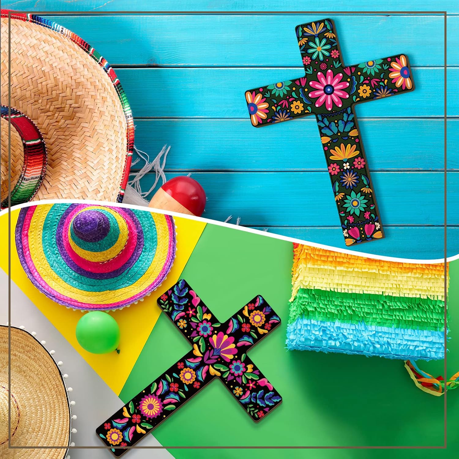 Pinkunn 2 Pcs Floral Cross Wall Decor Mexican Cross Decor Hand Painted Wood Wall Art Mexican Wall Art Spanish Style Crucifix Wall Cross for Home Room Church Decoration (8.7 x 11.8 inches) - Image 6