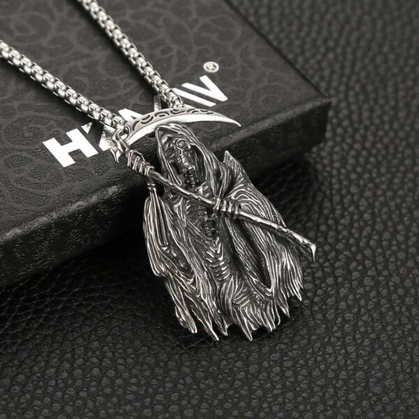 HZMAN Santa Muerte Necklace for Men Stainless Steel Gothic Grim Reaper Saint Death Sickle Skull Pendant Necklace Jewelry Gift - Image 5
