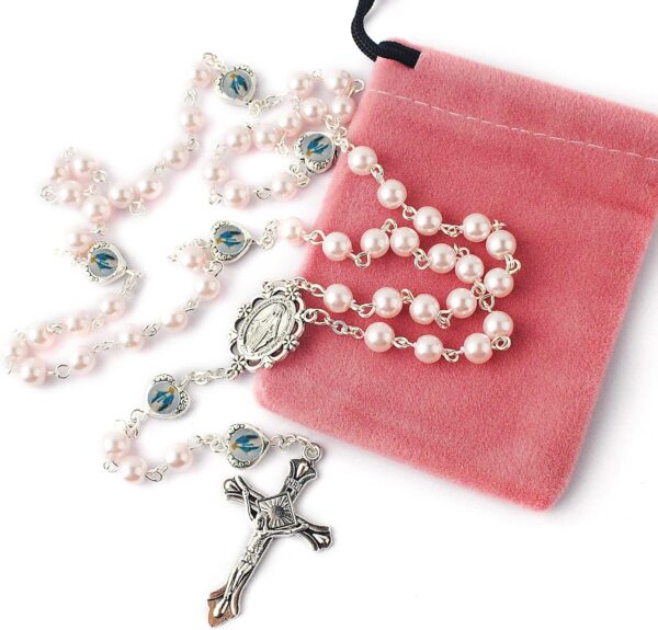 HanlinCC Glass Pearl Beads with Miraculous Epoxy Heart Metal Beads Rosary Necklace pack in Velvet Gift Bag with Rosary Pray Card - Image 5