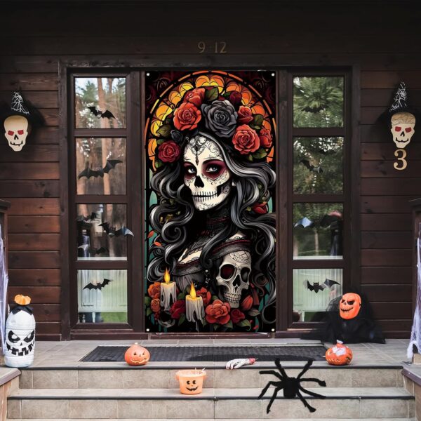 Day of The Dead Door Cover Dia De Los Muertos Backdrop Sugar Skull Rose Altar Mexican Fiesta Party Decorations and Supplies for Home - Image 3