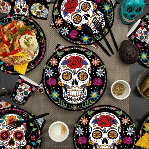140Pcs Day of the Dead Party Supplies Sugar Skull Tableware Set Día de los Muertos Party Decorations Plates and Napkins, Halloween Birthday Party Supplies,Serve for 20 Guests - Image 7