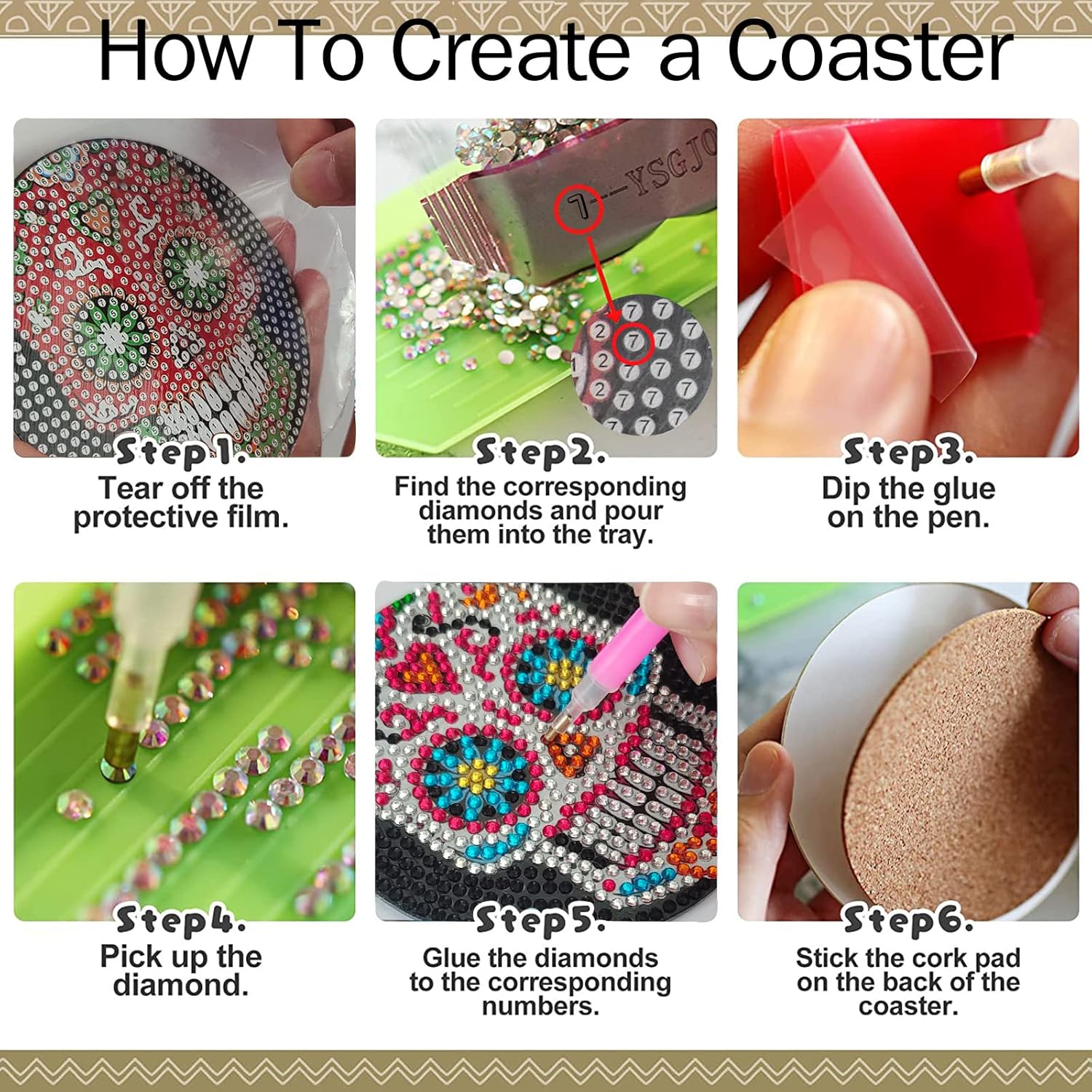 6 Pcs Skull DIY Diamond Paintings Coasters Kits with Holder,Skeleton Flower 5D Diamond Art Coasters Set,Full Drill Rhinestone Painting Kits for Adults & Kids,Beginners Art Craft Supplies - Image 3