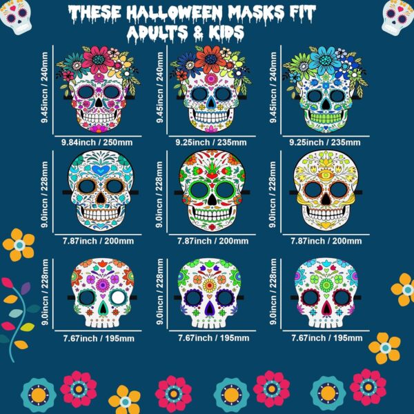 Day of the Dead Felt Masks for Adults, 9 Pack Dia de Los Muertos Skull Masks Floral Sugar Skull Masks, Adjustable Halloween Masks Dia De Los Muertos Decorations for Halloween Cosplay - Image 3