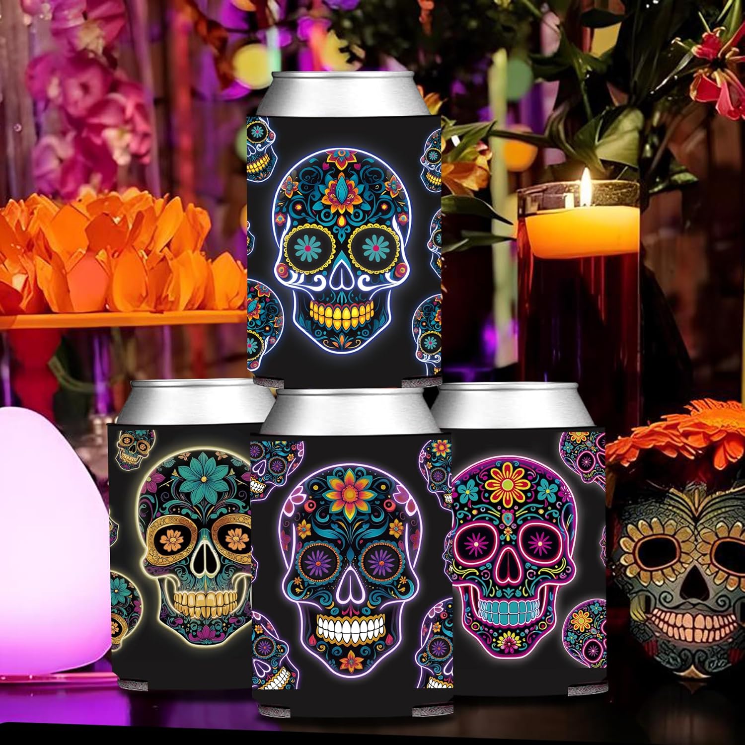 Black Mexican Fiesta Skull Face Can Sleeve Holder 12PCS, Dia De Muertos Death of the Day Beverage Drink Bottle Cooler Cover, Cinco de Mayo Birthday Bridal Shower Bachelorette Gift Decorations - Image 5