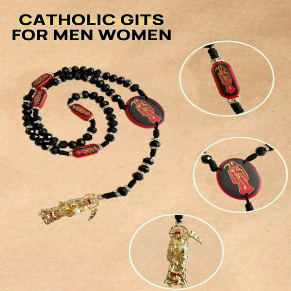 BONITTER Black Holy Death's Necklace Wooden Santa Muerte Necklace Red Rosaries Beads Blessing Crafted Rosario de la santa muerte Prayer Gift For Women Men - Image 5