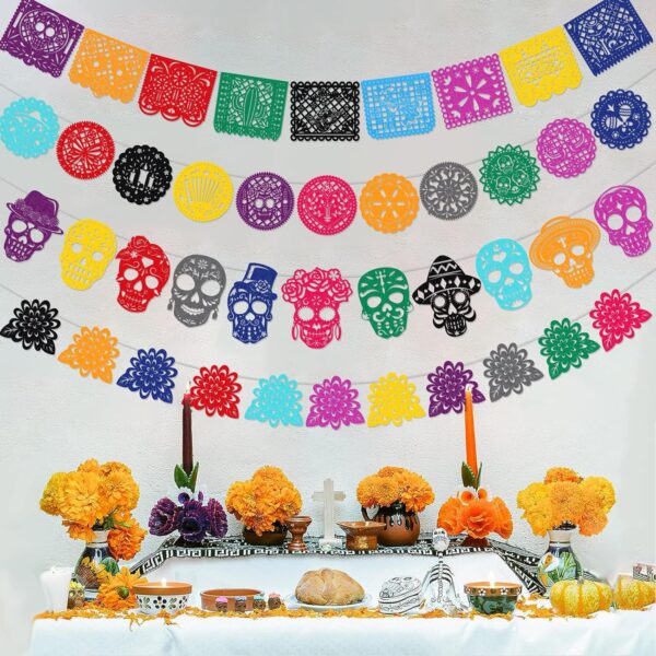 HOWAF 42pcs Day of The Dead Papel Picado Banner, Felt Dia De Los Muertos Sugar Skull Marigold Hanging Garland for Mexican Dia de Los Muertos Altar Decor, Colorful Cinco De Mayo Flag Banner - Image 5
