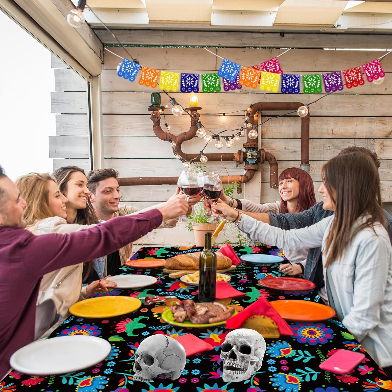 3 Pcs Mexican Fiesta Tablecloth Decorations, 108" x 54" Plastic Cinco De Mayo Table Cloth Dia De Los Muertos Table Cover Day of The Dead Decor for Taco Night Festive Mexico Colorful Ponchos Supplies - Image 4