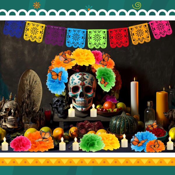 Newwiee 82 Pcs Day of the Dead Altar Decoration Kit Dia De Muertos Disposable Tablecloth Flameless LED Candle Paper Marigold Flower Fan Butterfly Mexican Papel Picado Banner Supplies (Multicolor) - Image 4