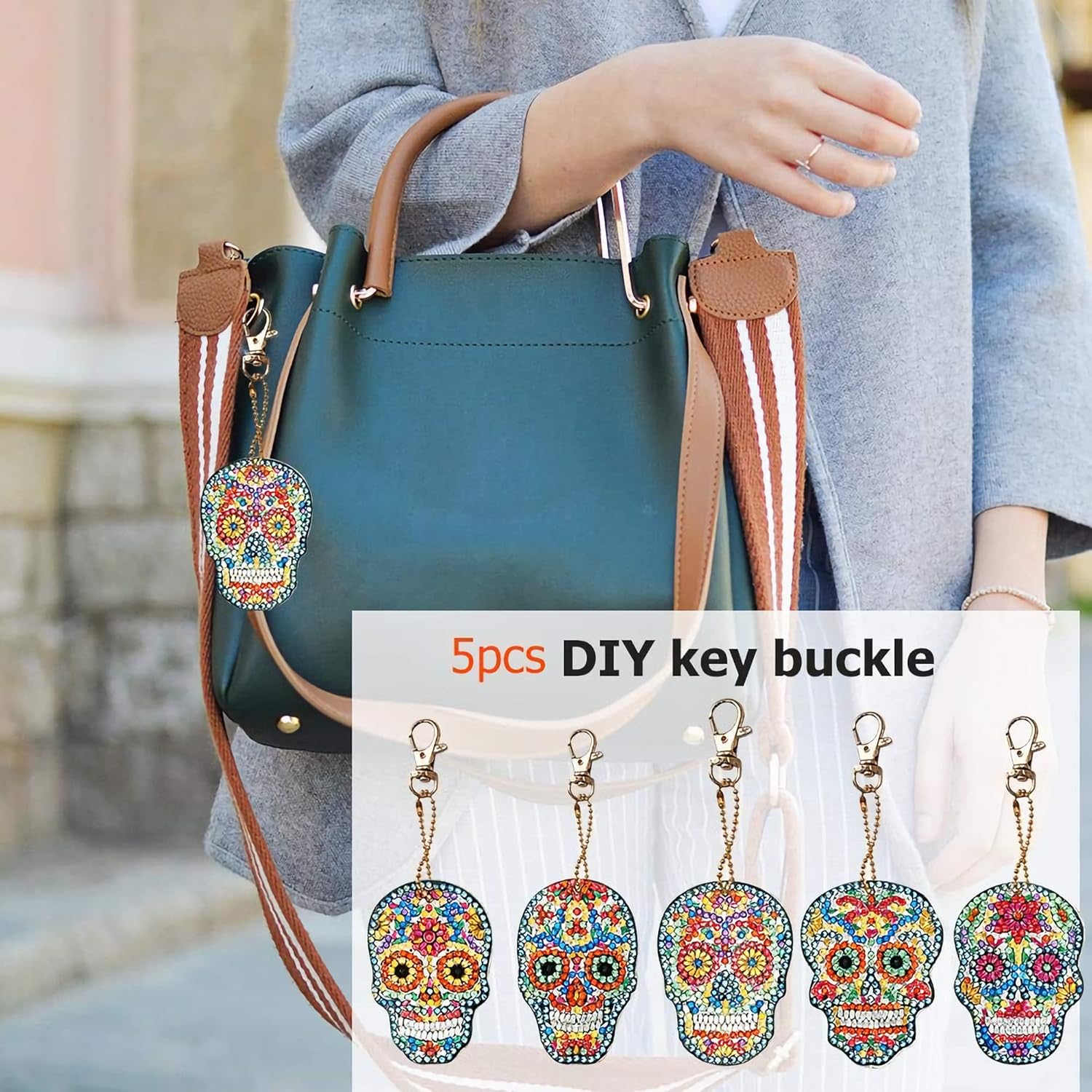 5 Pcs Sugar Skull DIY Diamond Painting Keychains Kit, Diamond Art Keychains for Women Men Kids, Crystal Rhinestone Diamond Skull Hanging Charms for Bag, Purse, Phone or Car Decoration - Image 2