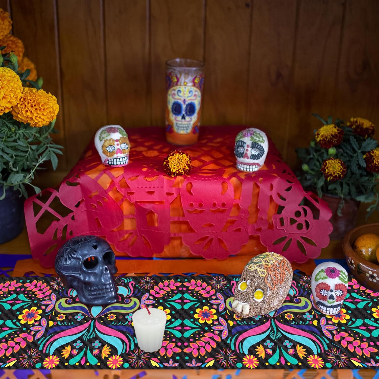 14 x 72 Inch Day of The Dead Table Runner, Mexican Cinco De Mayo Dinner Tablecloth for Dia De Los Muertos Holiday Party, Day of The Dead Home Kitchen Dining Indoor Outdoor Decorations - Image 8