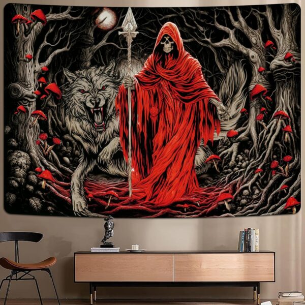 Invoibler Goth Wolf Moon Mushroom Skeleton Flowers Wall Tapestry for Bedroom (51.2 x 59.1 inches) - Image 4