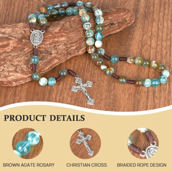 10mm Rosary Beads Catholic Necklace 18.5 Inch Agate Rosary Beads Catholic Necklace for Women/Men Handmade Braided Rosaries with Curcifix Cross and Holy Mary Medal(Green) - Image 3