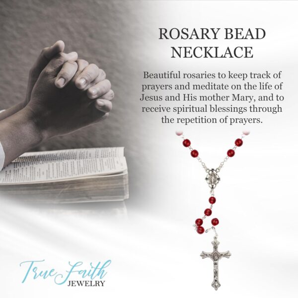 True Faith Jewelry 6mm Round Crystal Glass Holy Rosary Prayer Beads Necklace with Jesus Crucifix Cross and Our Lady Of Grace Miraculous Virgin Mary, for Women and Men, 17.5-Inch, Multiple Bead Colors - Image 2