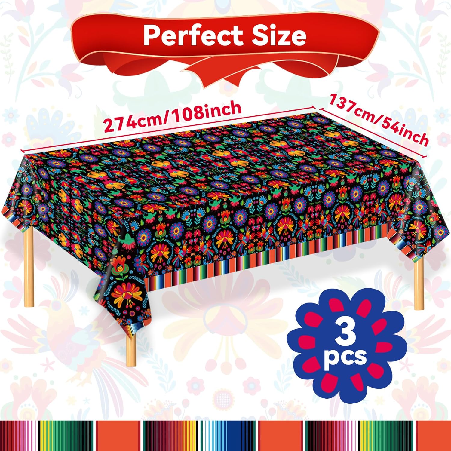 3 Pcs Mexican Fiesta Tablecloth Decorations, 108" x 54" Plastic Cinco De Mayo Table Cloth Dia De Los Muertos Table Cover Day of The Dead Decor for Taco Night Festive Mexico Colorful Ponchos Supplies - Image 2