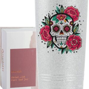 Onebttl Sugar Skull Gifts for Women, Day of the Dead, 20 oz Travel Tumbler with Lid, Brush, and Straw, Mexican Gifts, Silver Glitter