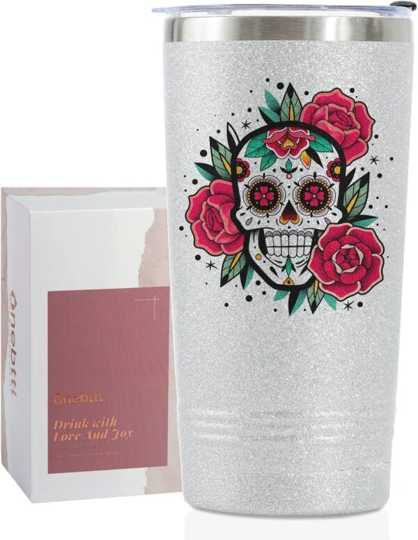 Onebttl Sugar Skull Gifts for Women, Day of the Dead, 20 oz Travel Tumbler with Lid, Brush, and Straw, Mexican Gifts, Silver Glitter